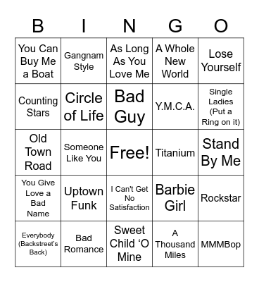 Pop Tune Bingo Card