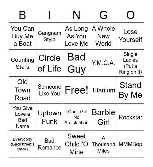 Pop Tune Bingo Card