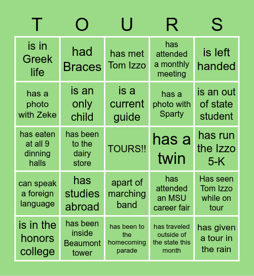 MSU Tours Connections Bingo Card