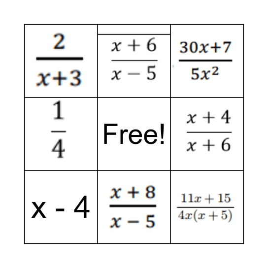 Add/Subtract Rational Expressions Bingo Card