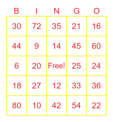 Multiplication Bingo Card