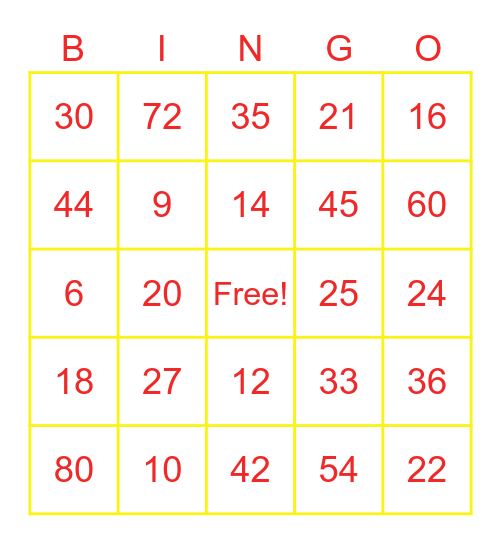 Multiplication Bingo Card