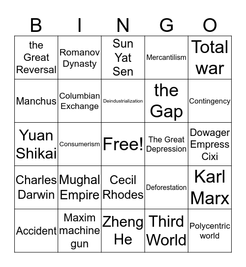 Origins of the Modern World and Imperialism Bingo Card