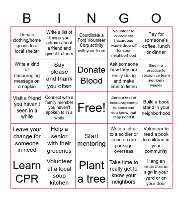 Random Acts of Kindness Bingo Card Bingo Card