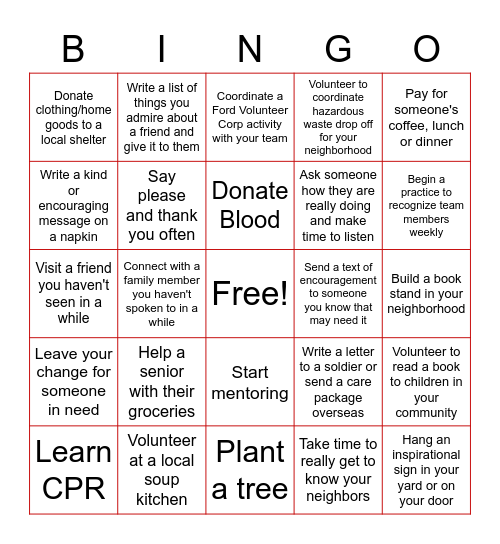 Random Acts of Kindness Bingo Card Bingo Card