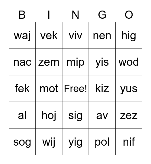 Nonsense Words Bingo Card