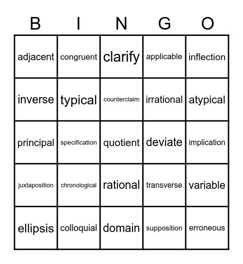 Academic Vocabulary II Bingo Card