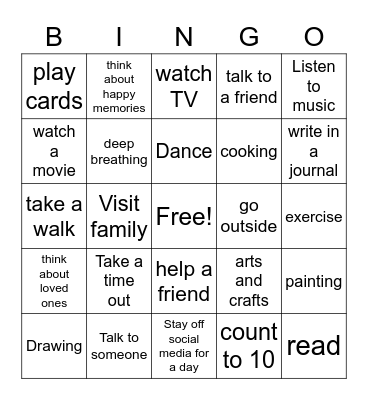 Mental Health Coping skills Bingo Card