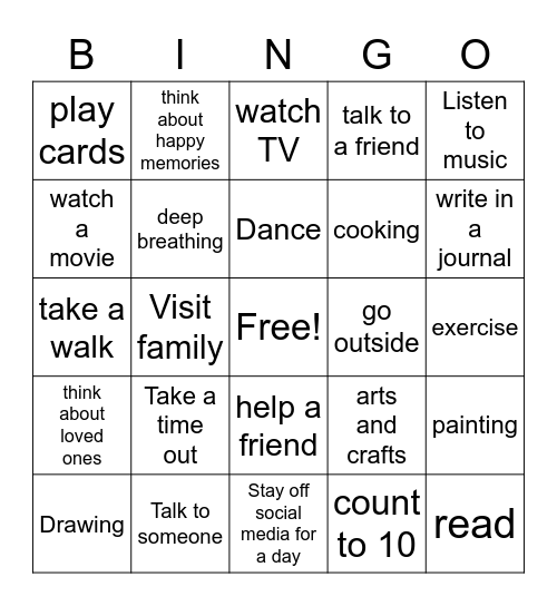 Mental Health Coping skills Bingo Card