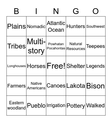 Native American Bingo Card