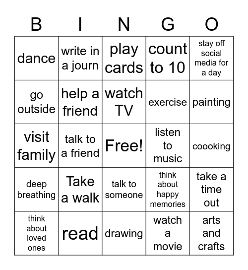 Mental Health Coping skills Bingo Card
