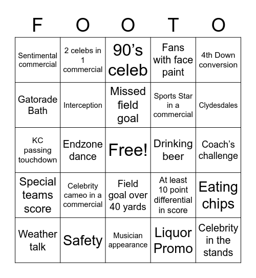 Foot-o Super Bowl Bingo Card