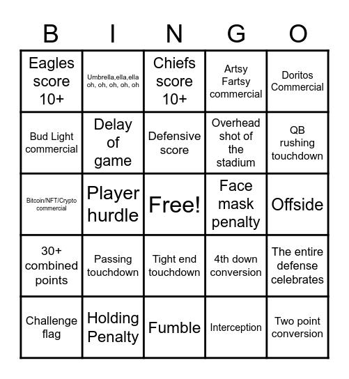 Superbowl Bingo 2022 Bingo Card