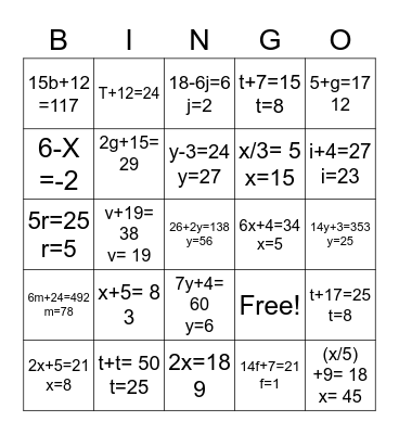 Algebra Bingo KEY Bingo Card