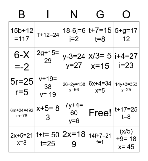 Algebra Bingo KEY Bingo Card