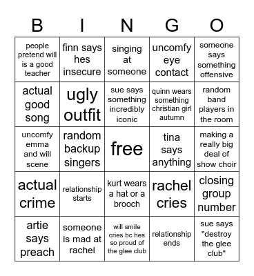 glee Bingo Card