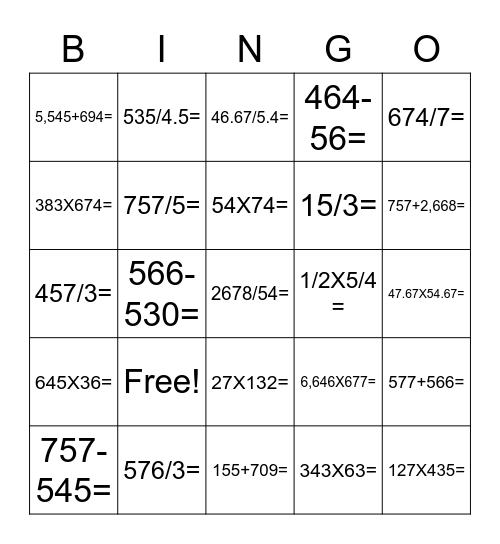 Will's Math Bingo Card