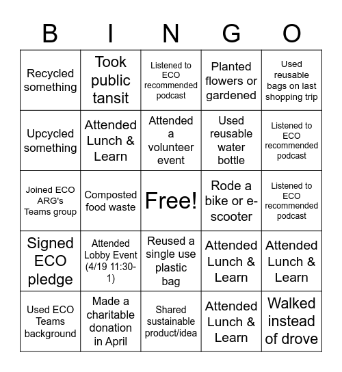 ECO ARG April Earth Month Bingo Card