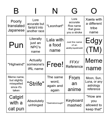 FFXIV Name Bingo (2023 Edition) Bingo Card