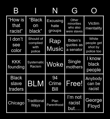 Racist Debate Bingo Card
