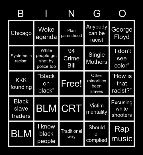 Racist Debate Bingo Card