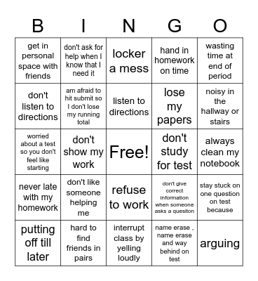 classroom skills bingo Card