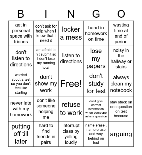 classroom skills bingo Card