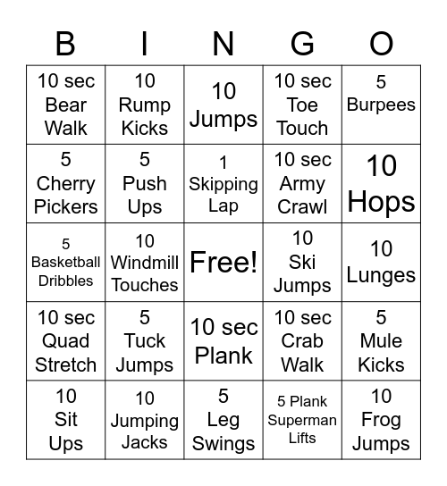 Valentine's Fitness Bingo Card