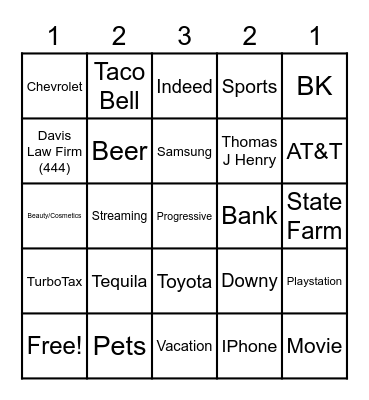 SUPERBOWL COMMERCIAL  BINGO Card