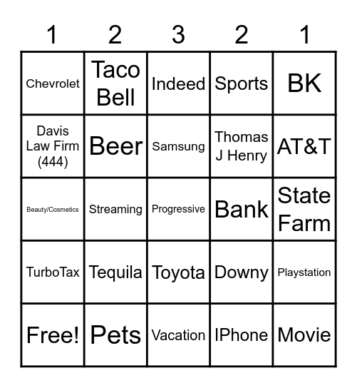 SUPERBOWL COMMERCIAL  BINGO Card
