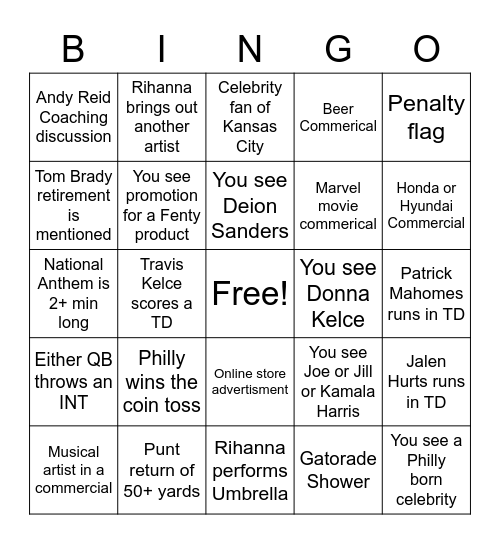 Imani's Super Bowl Bingo Card