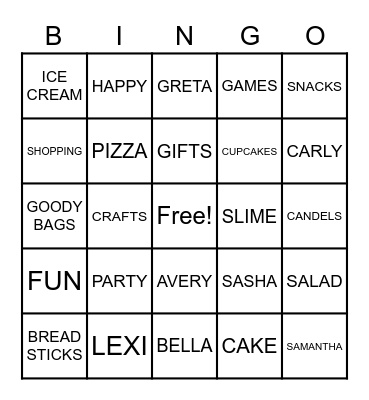 Bella's birthday Bingo Card