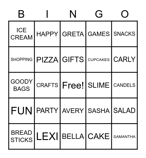 Bella's birthday Bingo Card