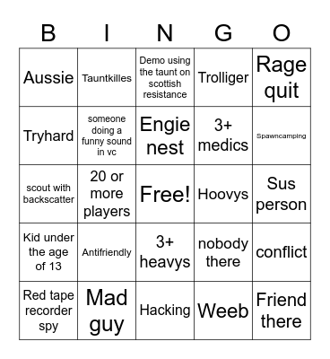 Tf2 community servers card Bingo Card