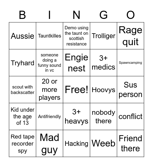 Tf2 community servers card Bingo Card