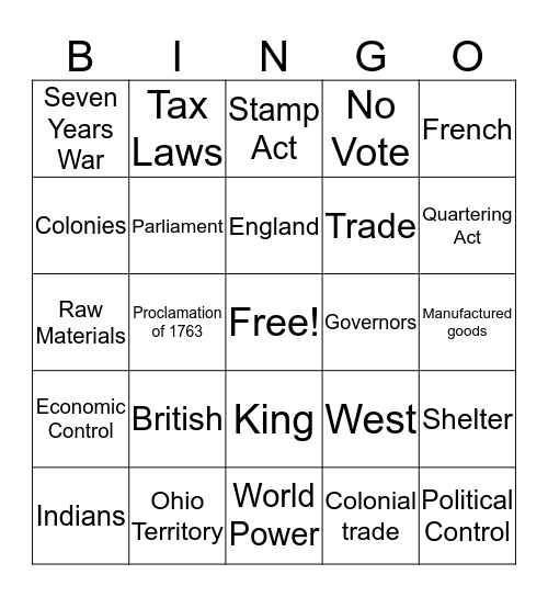 French and Indian War Bingo Card