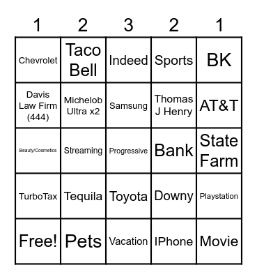 SUPERBOWL COMMERCIAL  BINGO Card