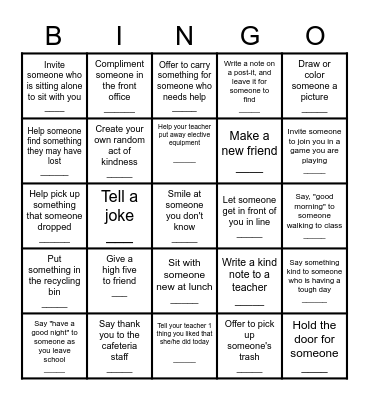 Acts of Kindness Bingo Card