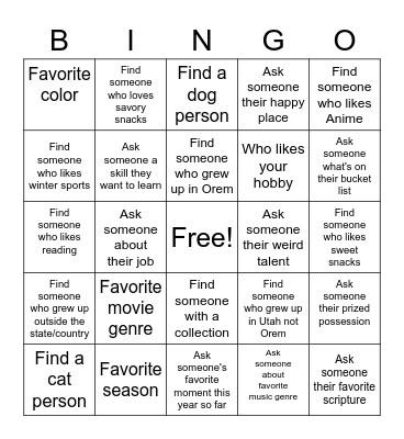 Get to know you Relief Society Bingo Card