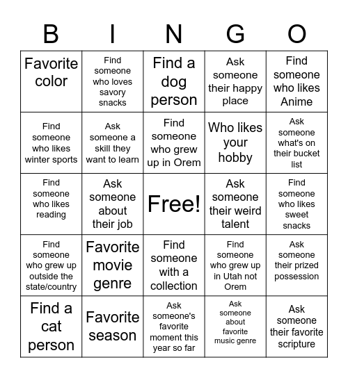 Get to know you Relief Society Bingo Card