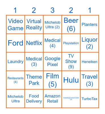 COMMERICAL BINGO (# for shots or triple # for seconds drinking drink) Bingo Card