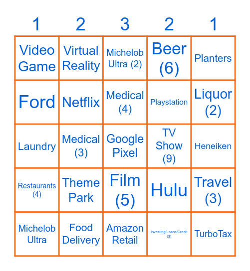 COMMERICAL BINGO (# for shots or triple # for seconds drinking drink) Bingo Card