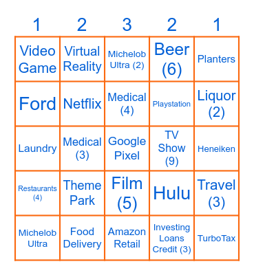 COMMERICAL BINGO (# for shots or triple # for seconds drinking drink) Bingo Card