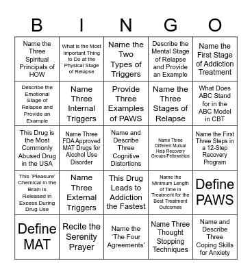 RCI Recovery Bingo Card