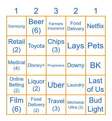COMMERICAL BINGO (# for shots or triple # for seconds drinking drink) Bingo Card