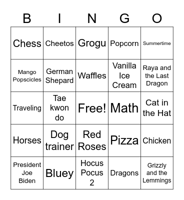 Aaliyah's Dragon Birthday Party Bingo Card