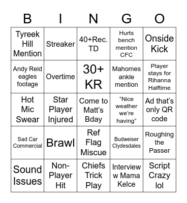 Super Bowl Bingo Card