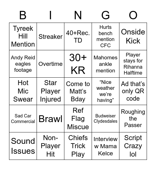 Super Bowl Bingo Card