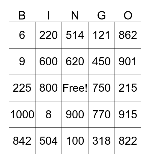 numbers Bingo Card