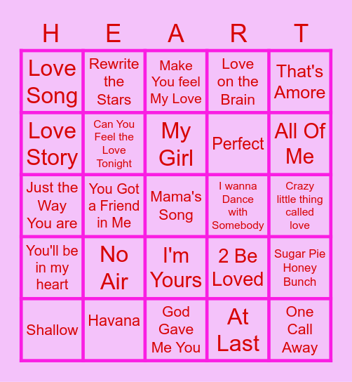 Love Song Bingo! Bingo Card